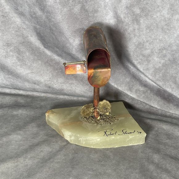 Vintage 1974 Robert Stewart Copper Sculpture Mailbox With Stone Base Rare